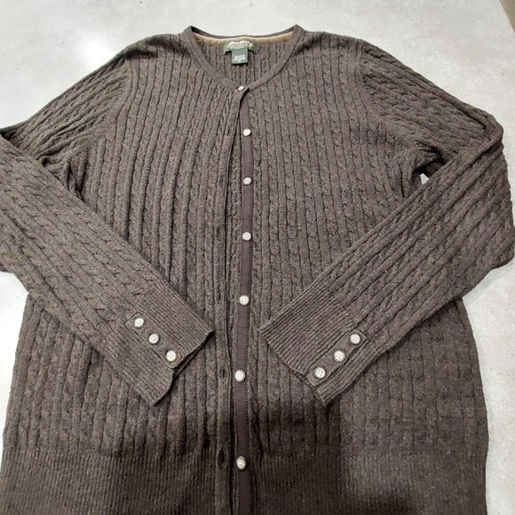 VINTAGE EDDIE BAUER Women's Chocolate Brown Cable Knit Button Down Sweater XL - Picture 8 of 10